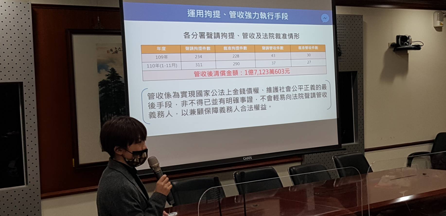 執行官許湘寧逐一說明行政執行署近年來的績效，透過拘提、管收等強制手段替政府追債。