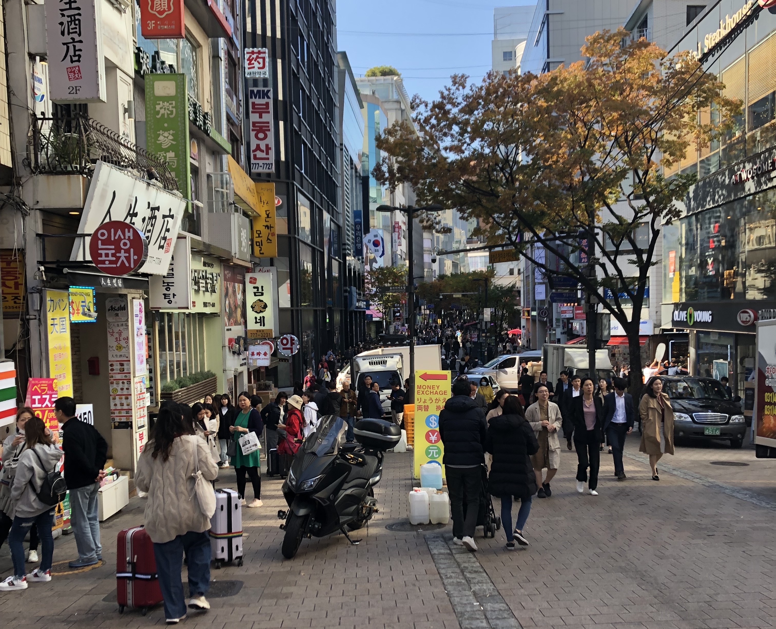 南韓實施月餘與病毒共存政策後，確診、死亡及重症患者都持續攀升；圖為2019年11月疫情爆發前的首爾明洞。
