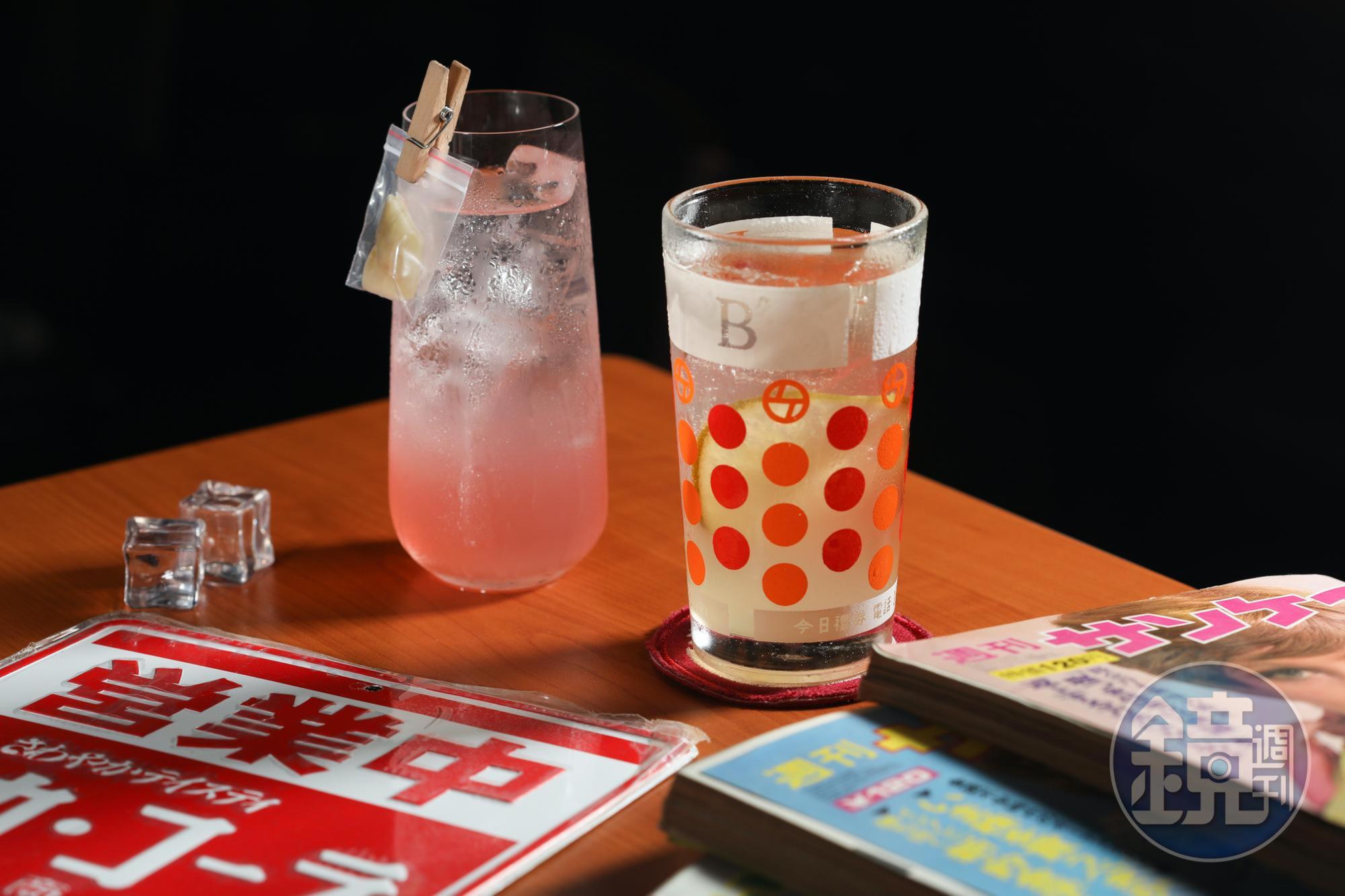 2款調酒皆以日本琴酒為基酒,「長假」(左)粉粉嫩嫩,西瓜味豐盈;「冬至澡堂」(右)則以檜木精油勾出木質調。(皆280元/杯)
