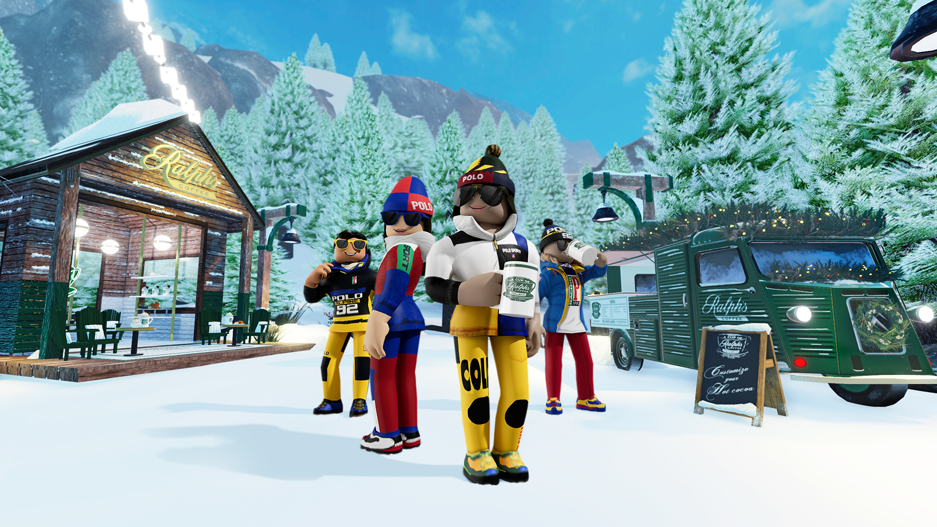 Roblox的玩家可以旁享用Ralph’s Coffee Truck的熱巧克力,並且體驗溜冰、烤棉花糖等活動。(Ralph Lauren提供)