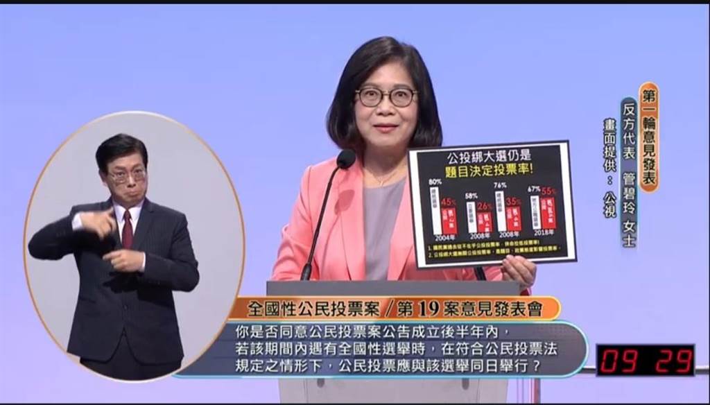 反方代表人民進黨立委管碧玲認為，公民投票是人民直接行使統治國家的權力，必須是主角不要是配角。 （翻攝自公視公投直播Youtube）