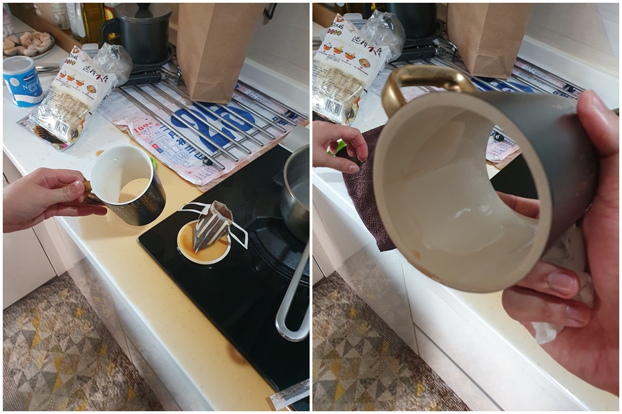 網友用在大賣場購買的馬克杯泡咖啡，不過拿起把手後杯身和杯底突然分離，害咖啡灑滿桌。（翻攝自臉書社團爆廢公社）