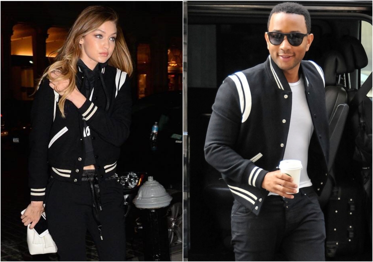 (左起)超模Gigi Hadid、約翰傳奇John Legnd外出時的選擇也是黑白經典棒球外套。(SAINT LAURENT提供)