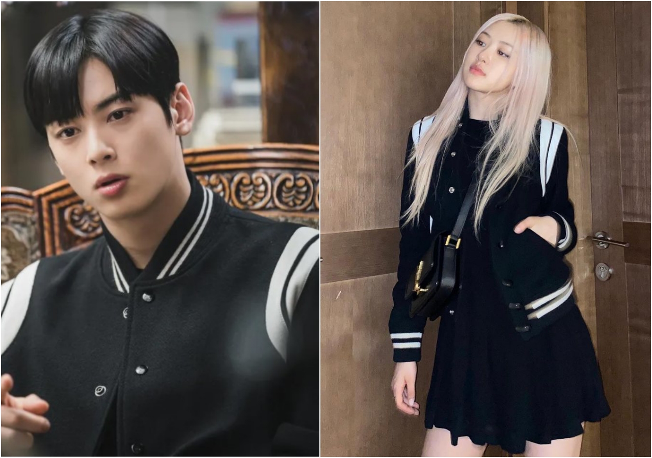 （左起）車銀優、朴彩英ROSE穿著的是黑白經典棒球外套。（SAINT LAURENT提供）