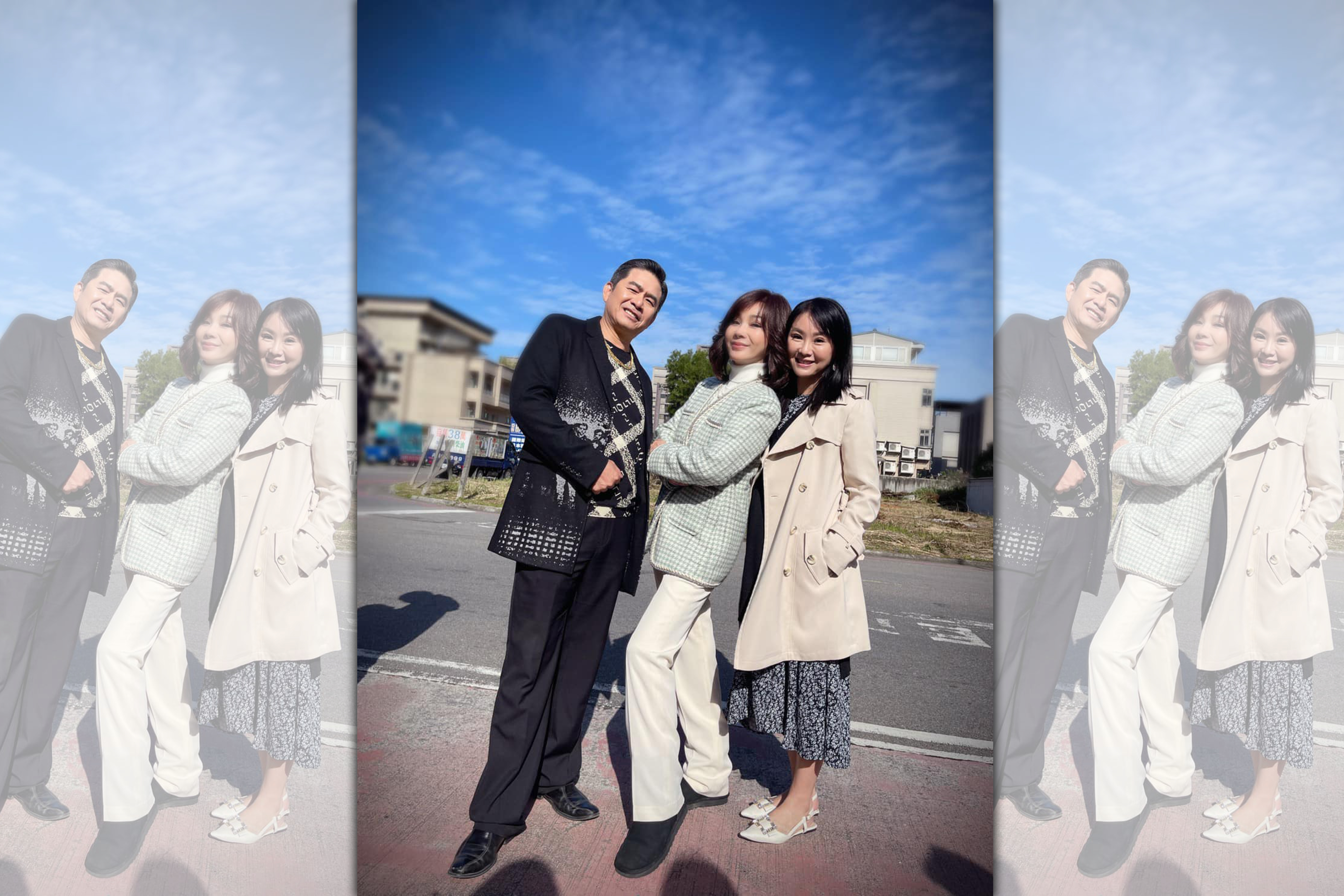 左起洪都拉斯、陳美鳳、陳妍安為了民視八點檔《黃金歲月》到戶外拍攝火燒車重頭戲。（民視提供）