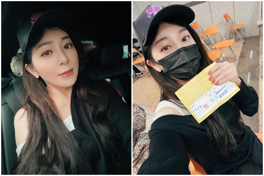 王彩樺到台大醫院接種第三劑疫苗，還與小黃卡自拍。（翻攝自王彩樺-台灣濱崎步臉書）