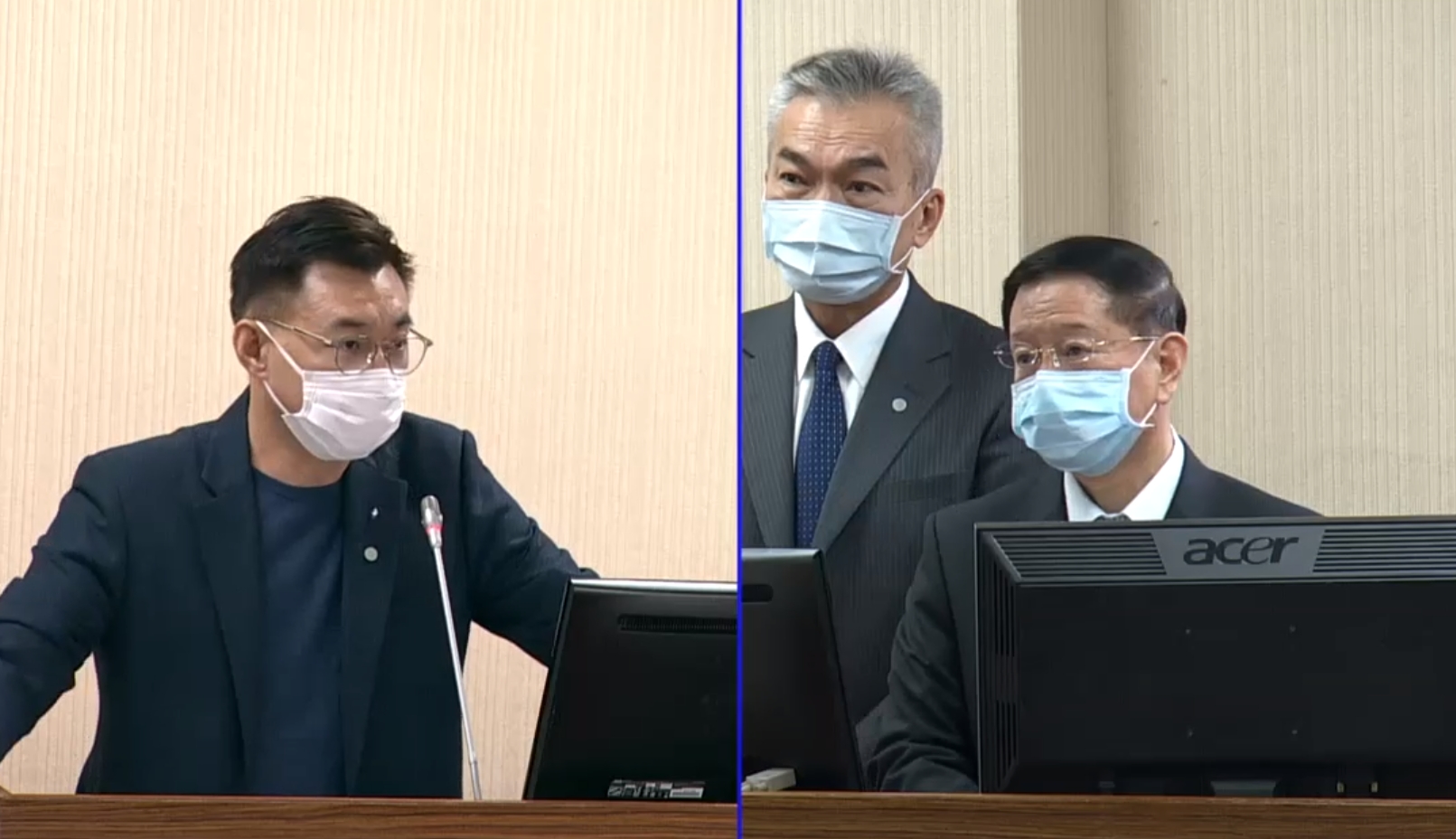 江啟臣（左）質疑蔡英文搭乘專機跑公投行程，李宗孝（中）在旁建議王信龍（右）回應「不用答了，他這個有政治目的」，引發國民黨團抨擊。（翻攝自國會頻道）