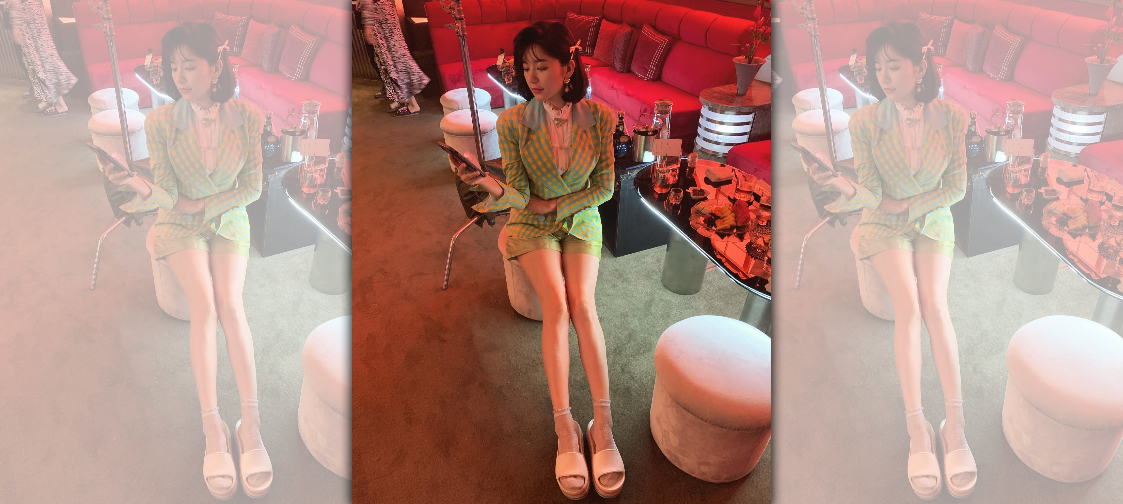 郭雪芙分享在酒店裡拍攝時的逆天長腿照。（翻攝臉書）