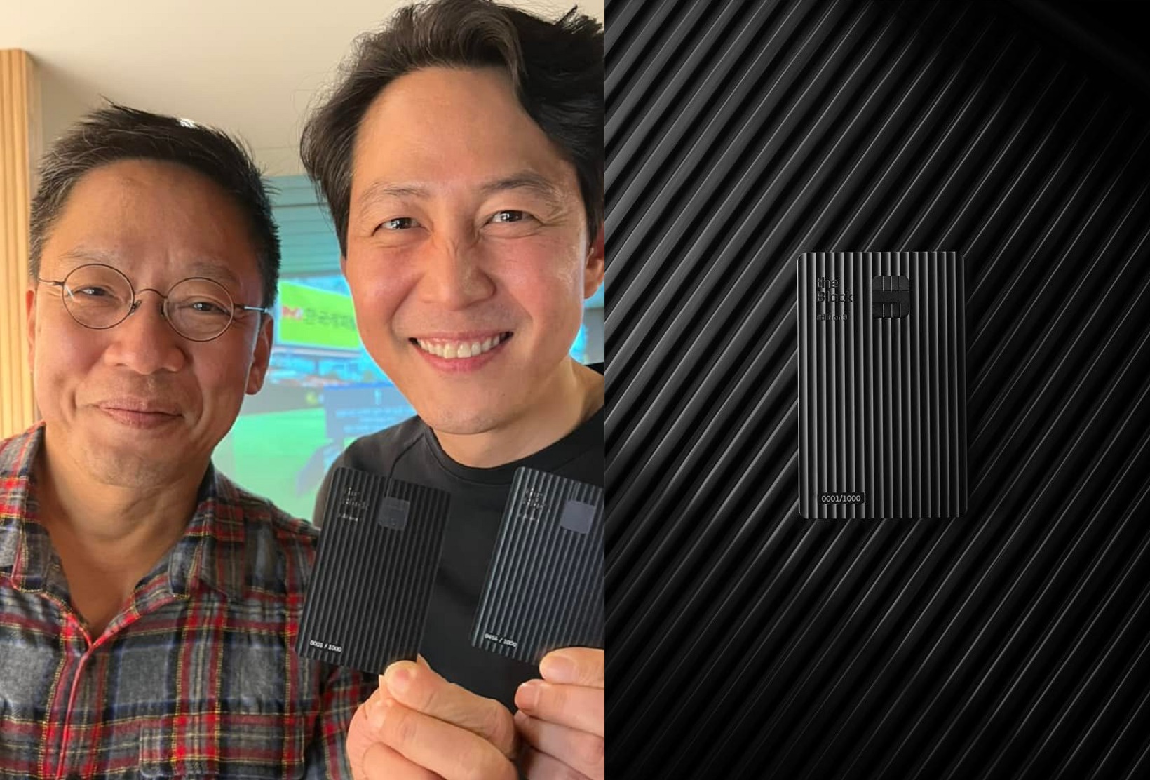 李政宰 （左圖右）和現代信用卡公司副會長丁太暎（左圖左）是認識20年的好友，丁太暎送上自家公司最高級的「THE BLACK EDITION」黑卡（右圖）給李政宰作為禮物。（翻攝自丁太暎FB）