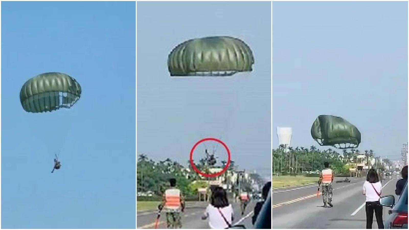 一名傘兵因繩索纏繞最終背部著地,目擊民眾驚呼不已還痛批軍方。(翻攝自爆廢公社公開版)