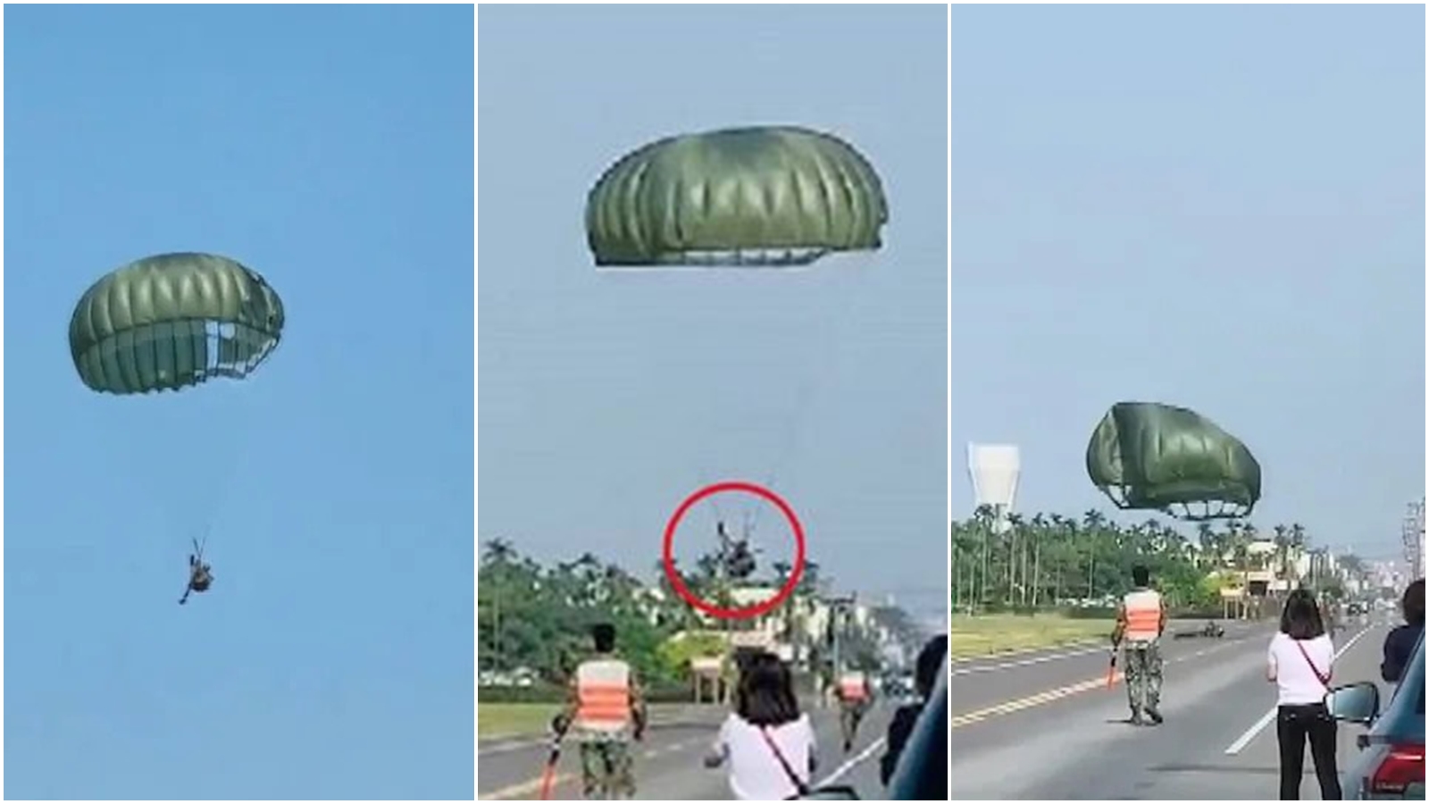 一名傘兵因繩索纏繞最終背部著地，目擊民眾驚呼不已還痛批軍方。（翻攝自爆廢公社公開版）