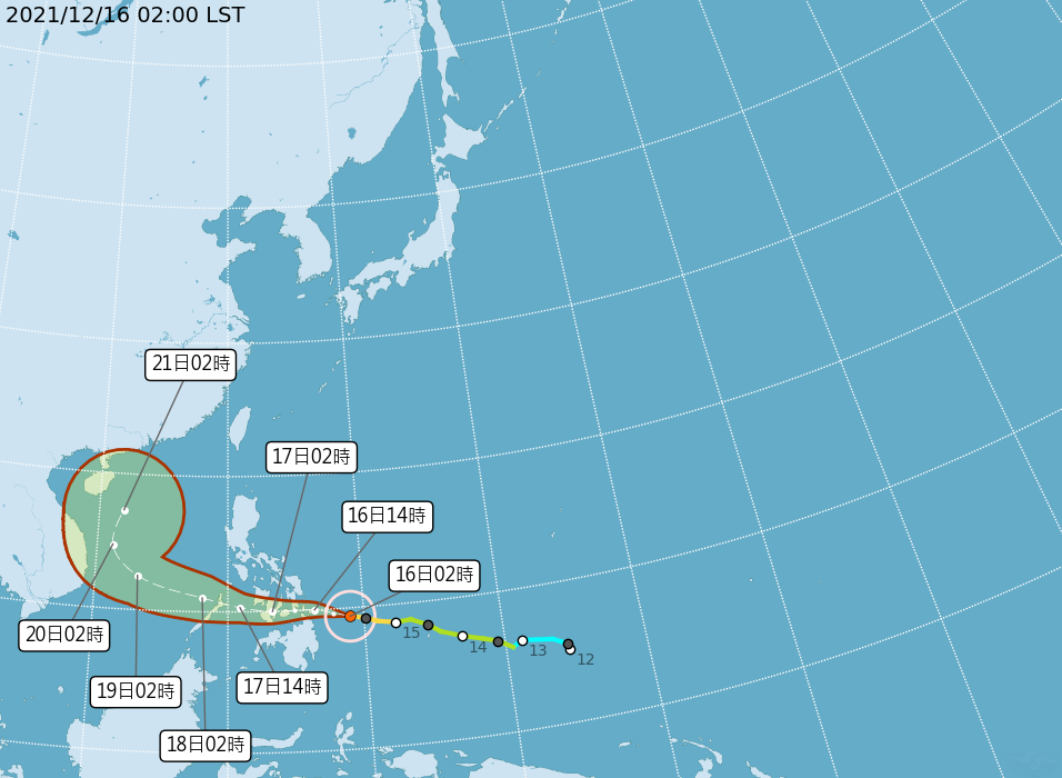 中度颱風雷伊路徑潛勢預報。（中央氣象局提供）