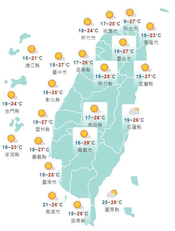 全台各地白天天氣一覽。(中央氣象局提供)