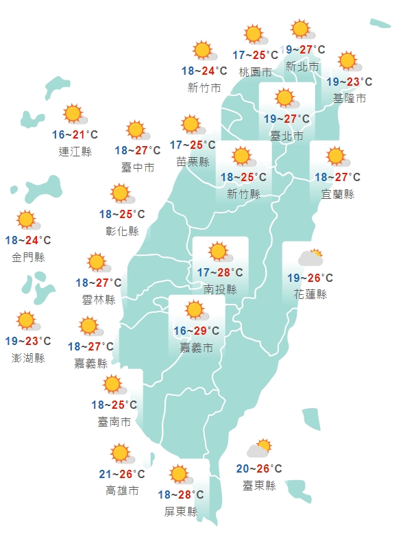 全台各地白天天氣一覽。（中央氣象局提供）