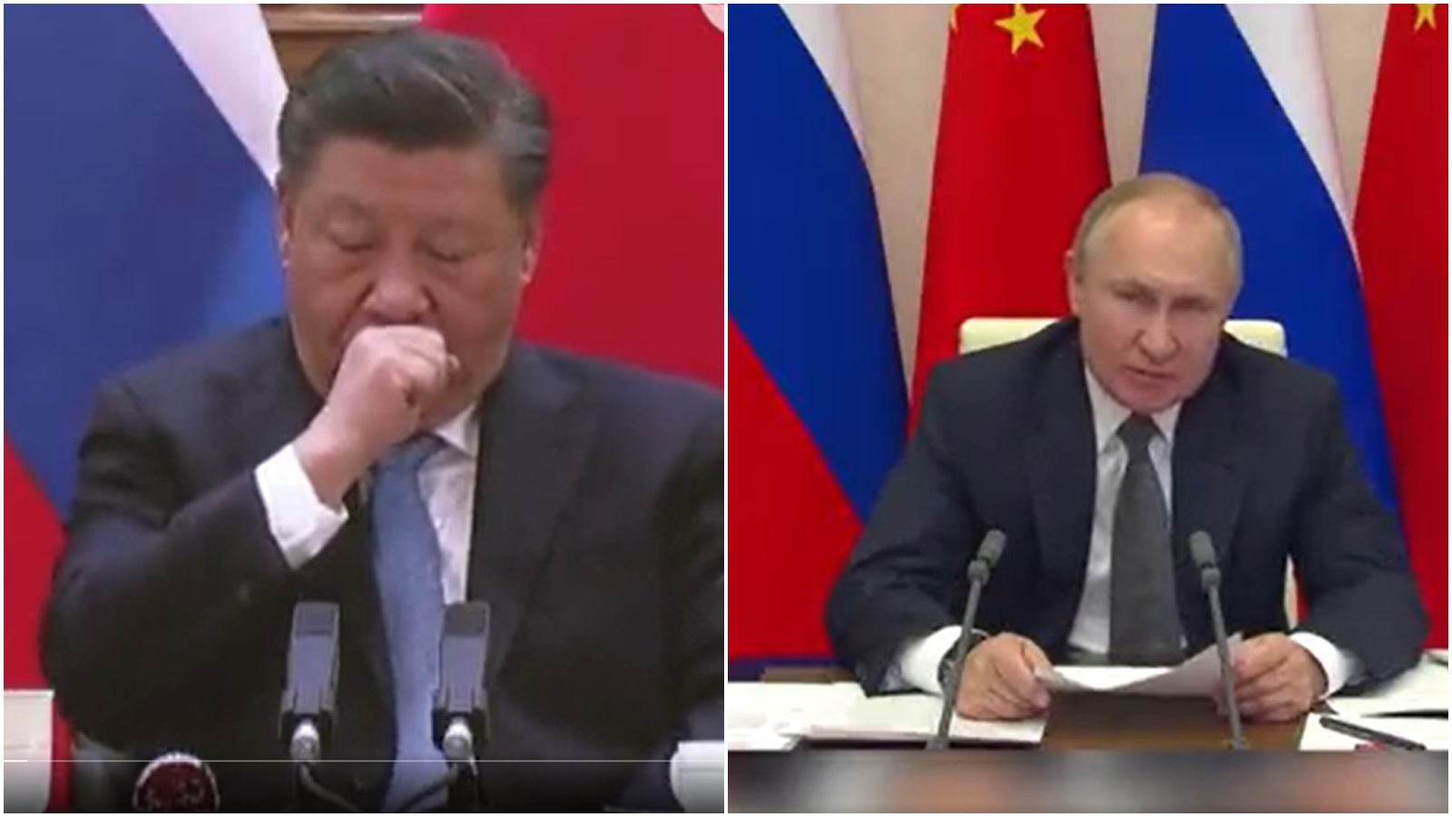 普習會於15日進行視訊對話，習近平（左）咳嗽畫面被自家官媒全剪掉，但俄方曝光的影片明顯有該片段。（翻攝自「自由亞洲電台」推特）