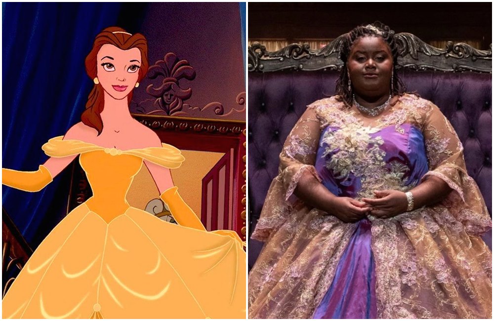 音樂劇版《美女與野獸》由潔妲瓊斯飾演（右圖），顛覆動畫版形象（左圖）。（翻攝Disney、Olney Theatre Center臉書）