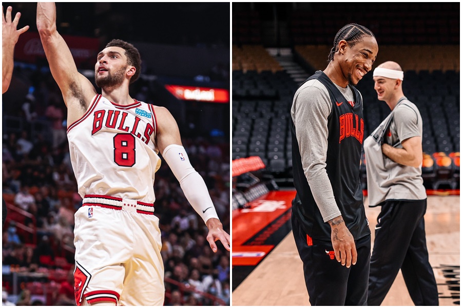 美國新冠肺炎疫情再度炎上，芝加哥公牛隊已有10名球員觸發健康安全協議，包括球隊雙星拉文（左）與德羅森（右）。（翻攝自Chicago Bulls推特）