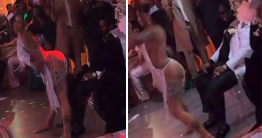 新娘幾乎全裸，在婚禮現場大跳艷舞，讓婚禮現場嗨翻。（翻攝推特影片）