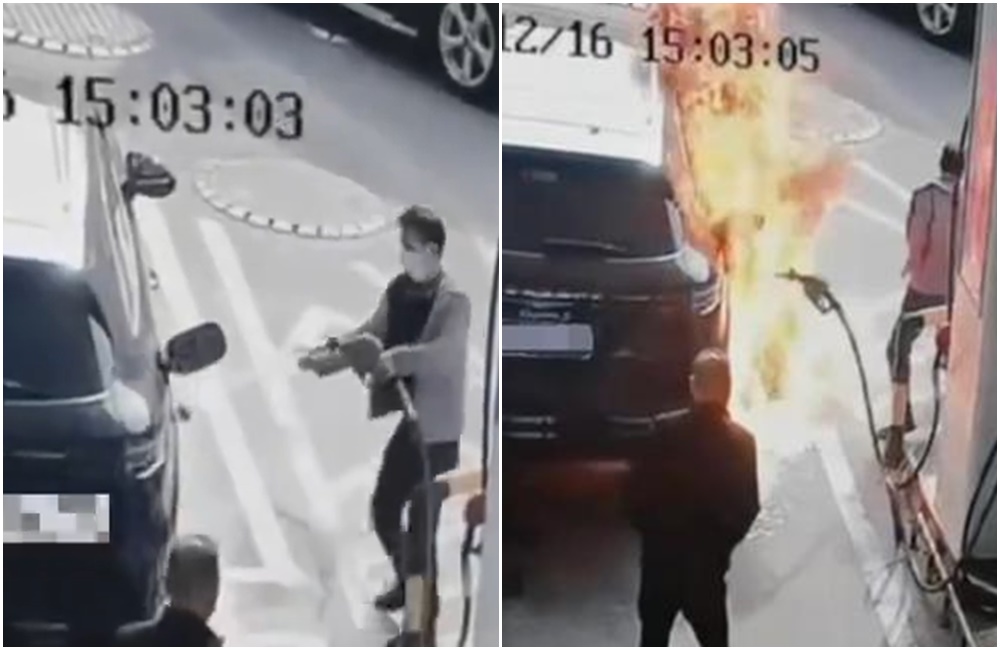 中國一名男子拔掉正在灌油的油槍，下秒拿打火機點燃氣油，當時女駕駛人還坐在車內。（翻攝網易）