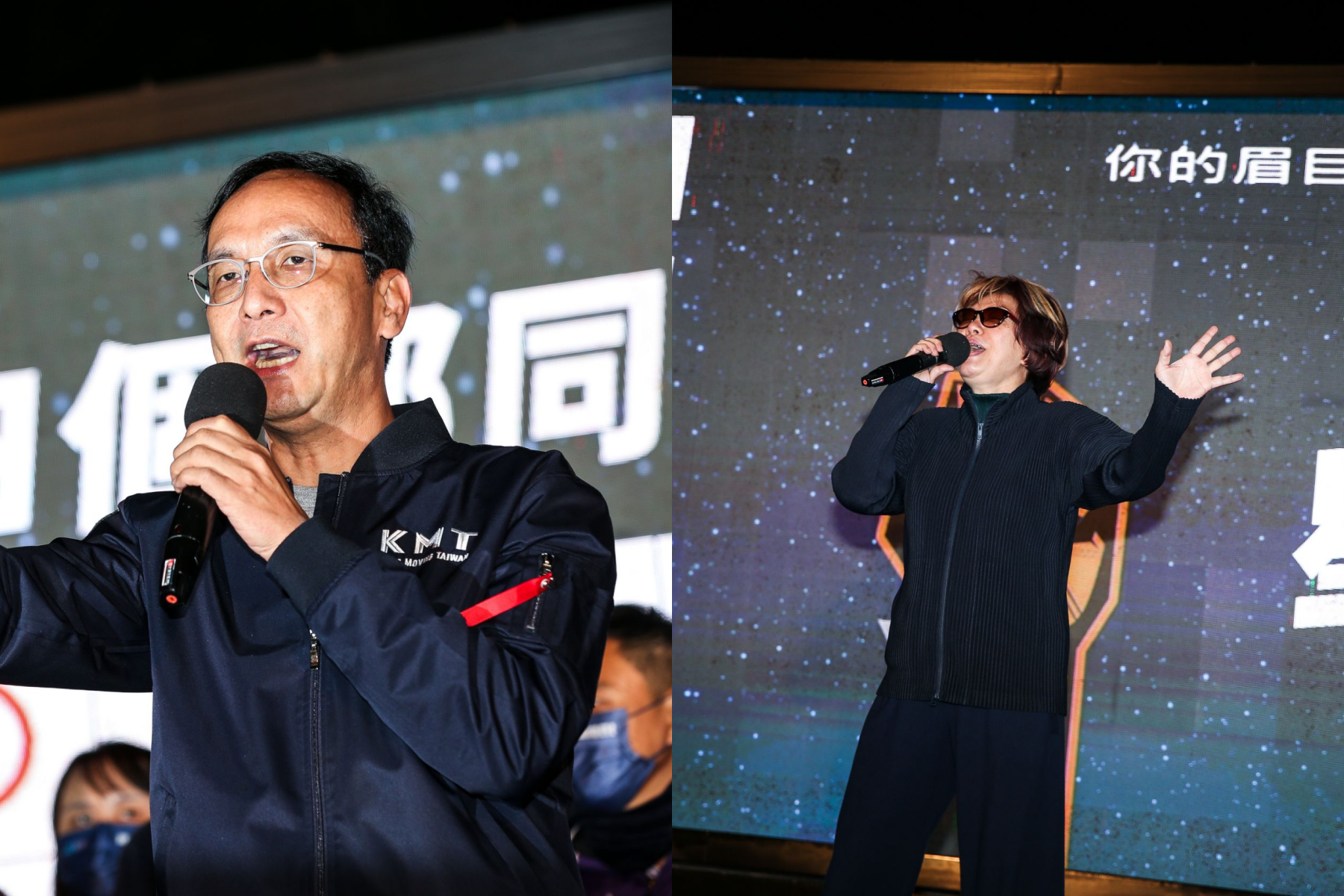 國民黨今在自由廣場舉辦公投前的造勢活動，並且主席朱立倫（左）還邀請到巨星蔡琴（右）。