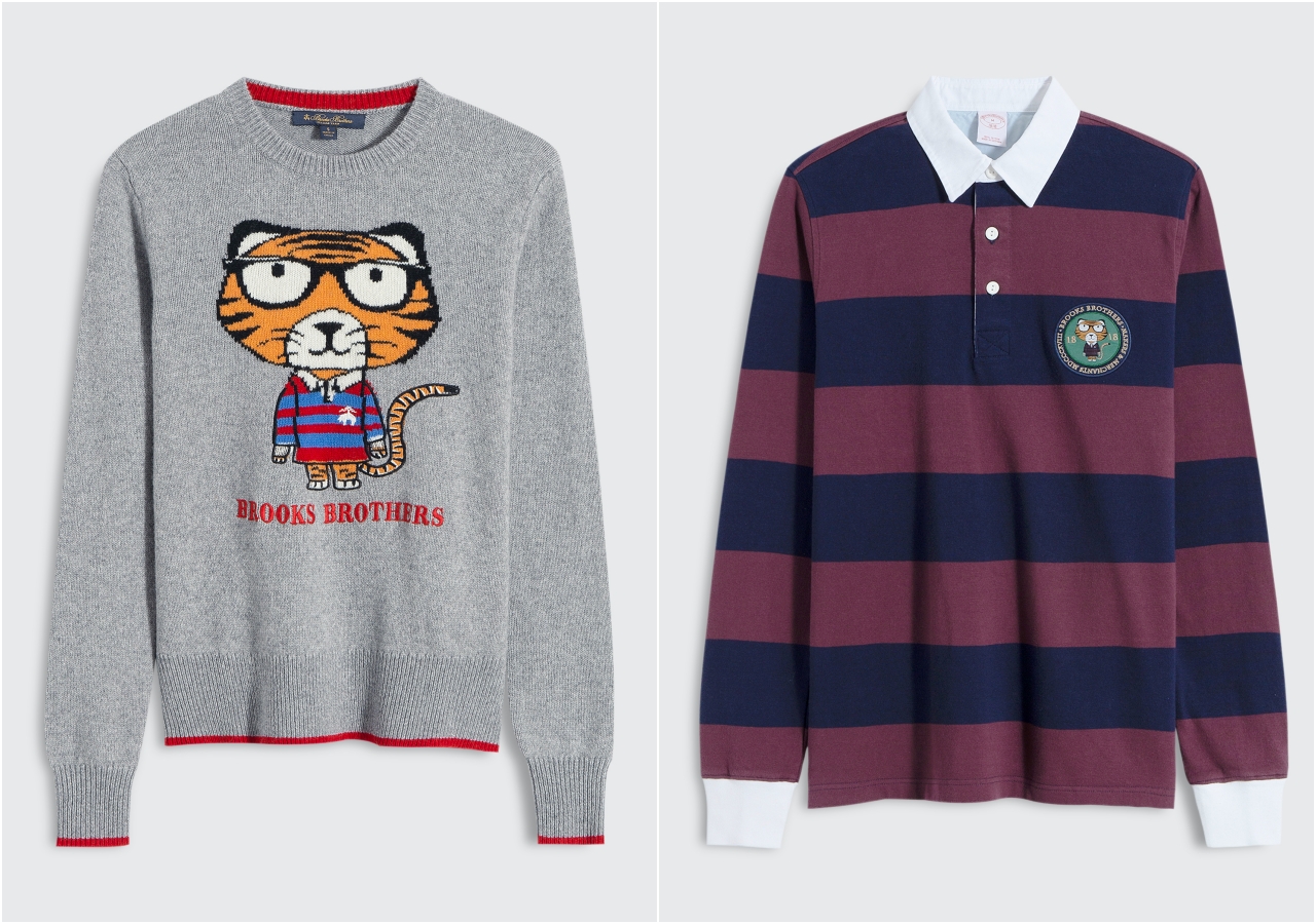 （左起）女性圓領灰色針織衫NT$7,090、男性polo條紋衫NT$6,290。