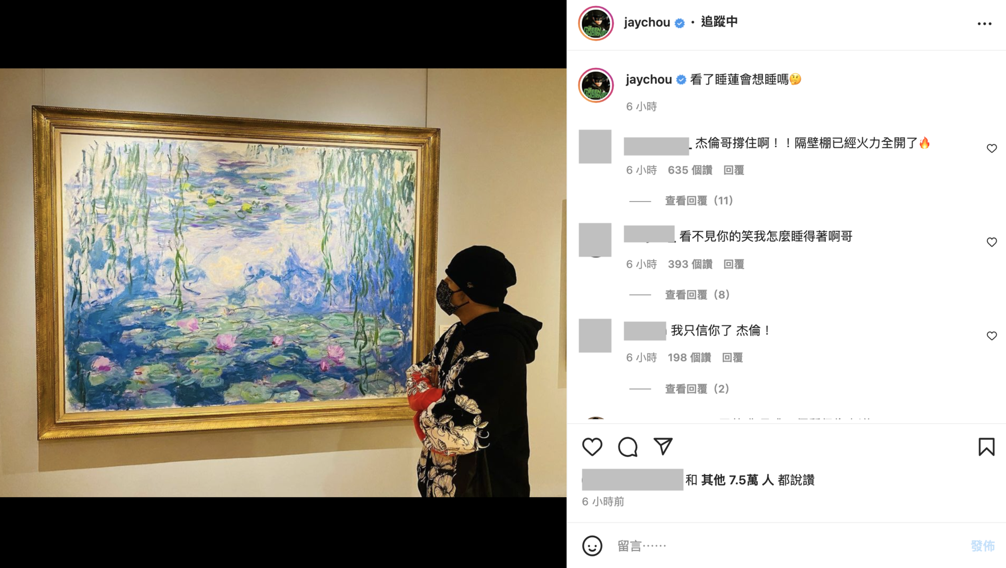 周杰倫問網友「看了睡蓮會想睡嗎」。（翻攝周杰倫IG）
