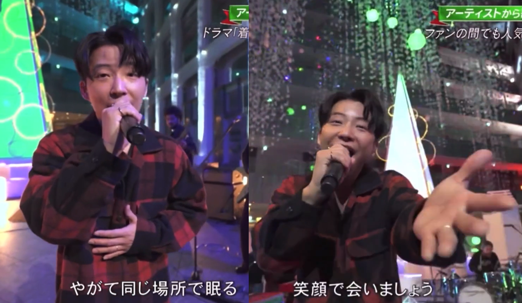 戴著婚戒的星野源獻唱《不可思議》《Hello Song》兩首歌曲，臉上洋溢著幸福。（翻攝自TBS畫面）