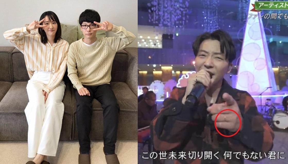 新垣結衣（左圖左）和星野源因日劇《月薪嬌妻》假戲真做成為夫妻，昨星野源（右圖）上音樂節目首度秀出婚戒。（左圖翻攝自《月薪嬌妻》Twitter，右圖翻攝自TBS畫面）
