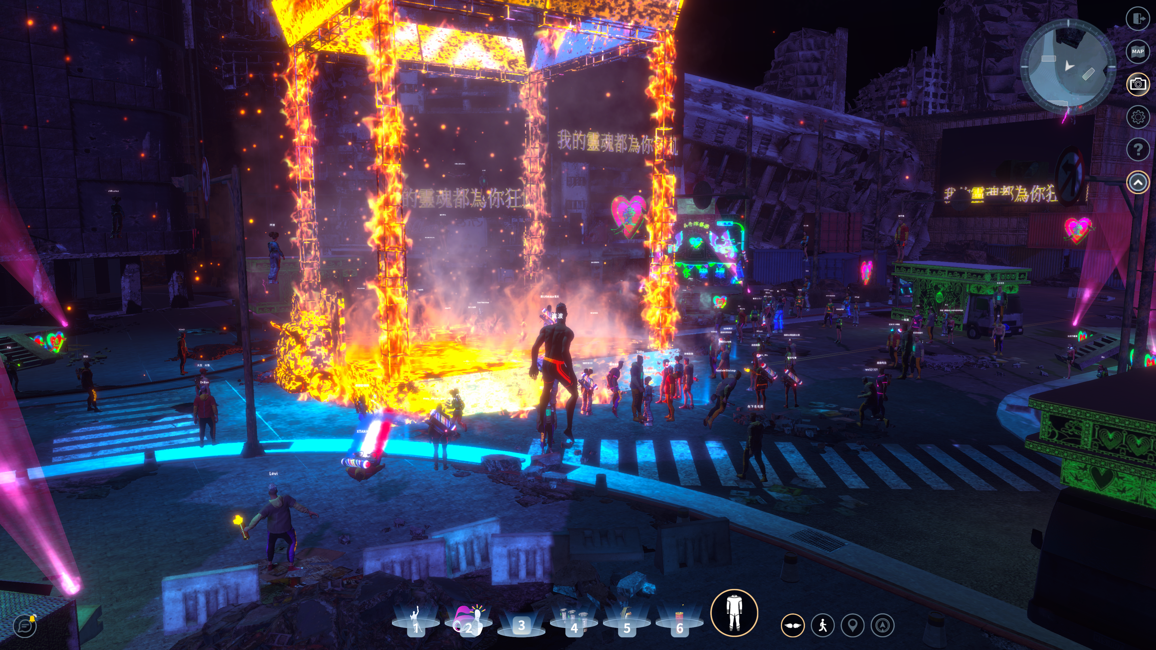 打造BEATDAY需要傳統演唱會、容積攝影、3D引擎和即時伺服器連線共4項技術堆疊，圖為美秀集團全息演唱會封測場「放火」燒舞台橋段。  （ HTC VIVE ORIGINALS提供）