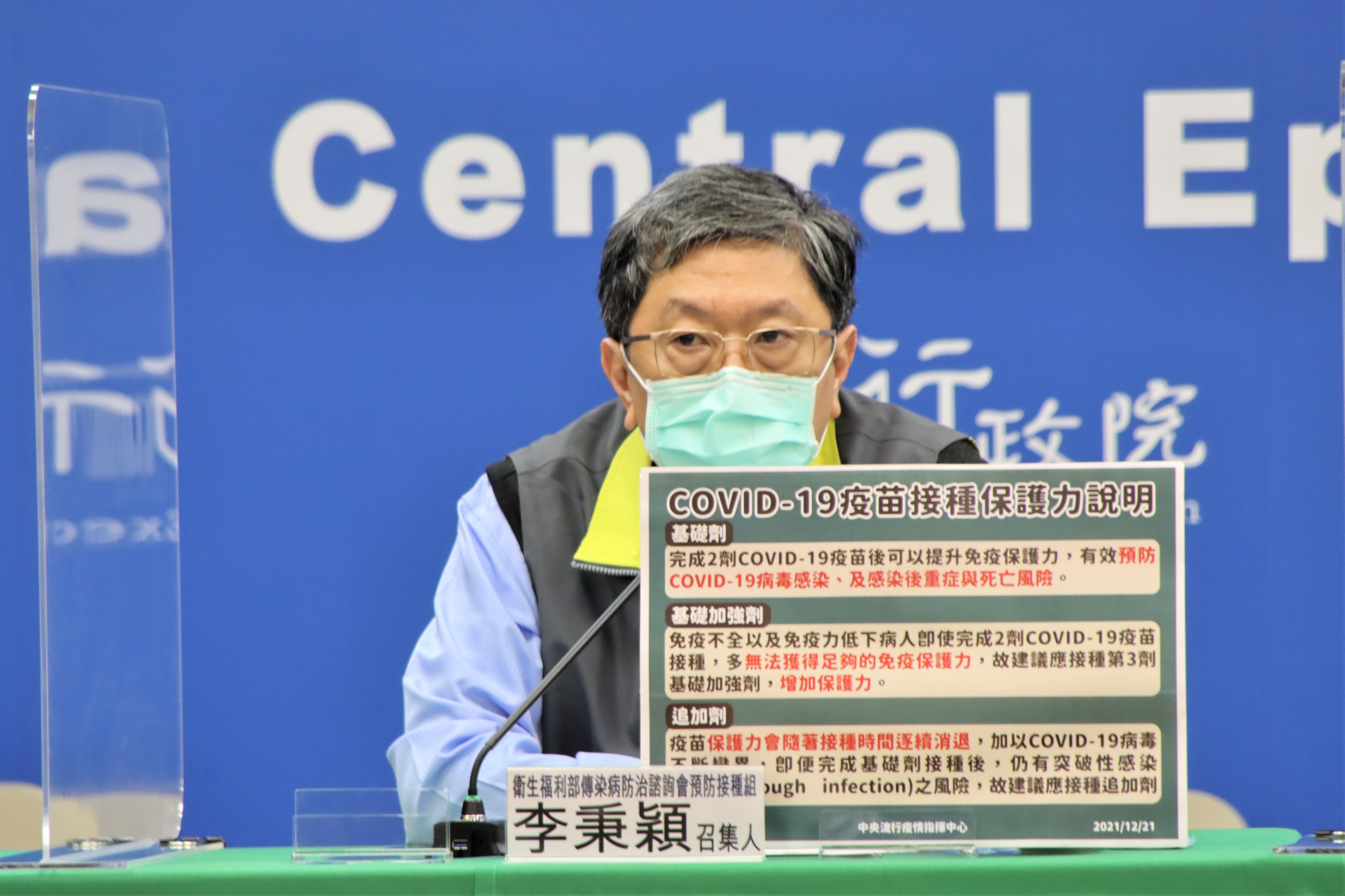 李秉穎說明,追加劑疫苗施打的保護效力、不良反應等情形。(指揮中心提供)