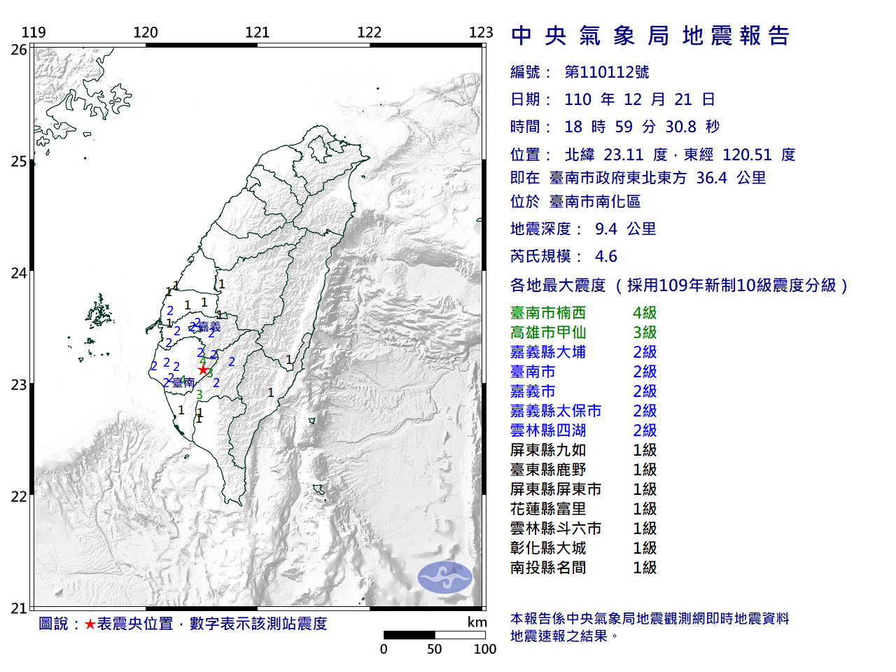 南台灣今（21）冬至夜突地牛翻身，中央氣象局資料顯示，地震規模達芮氏4.6。（翻攝中央氣象局）