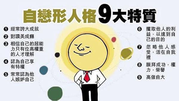 自戀型人格的9大特質，符合5項需找心理師協助。（翻攝黃軒臉書）
