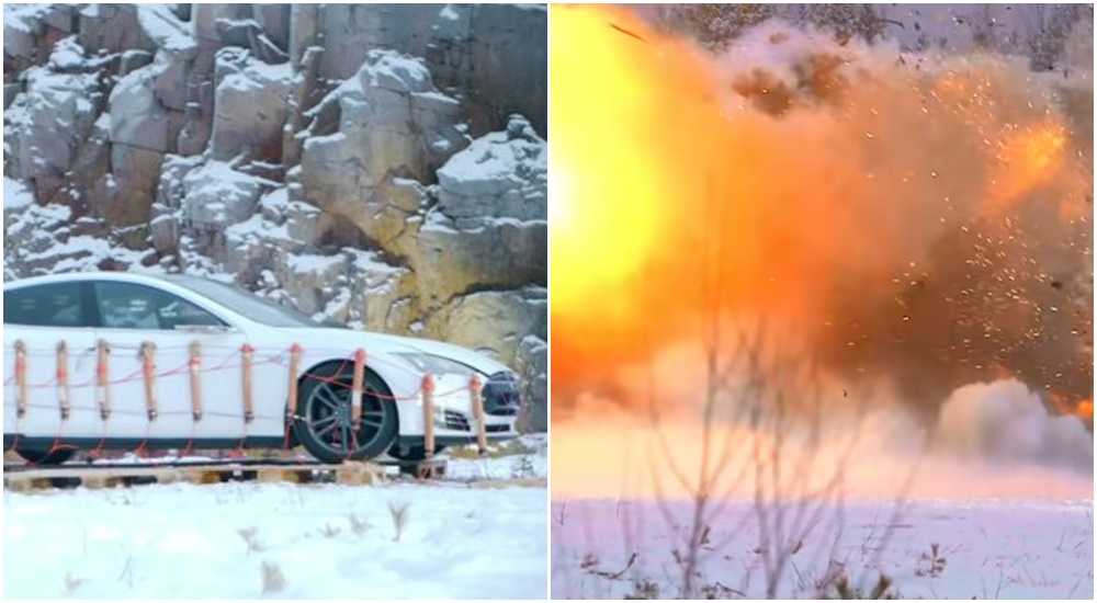 特斯拉車主卡泰寧不爽維修費太貴，號召朋友一起炸毀特斯拉。（翻攝自Pommijätkät YouTube）