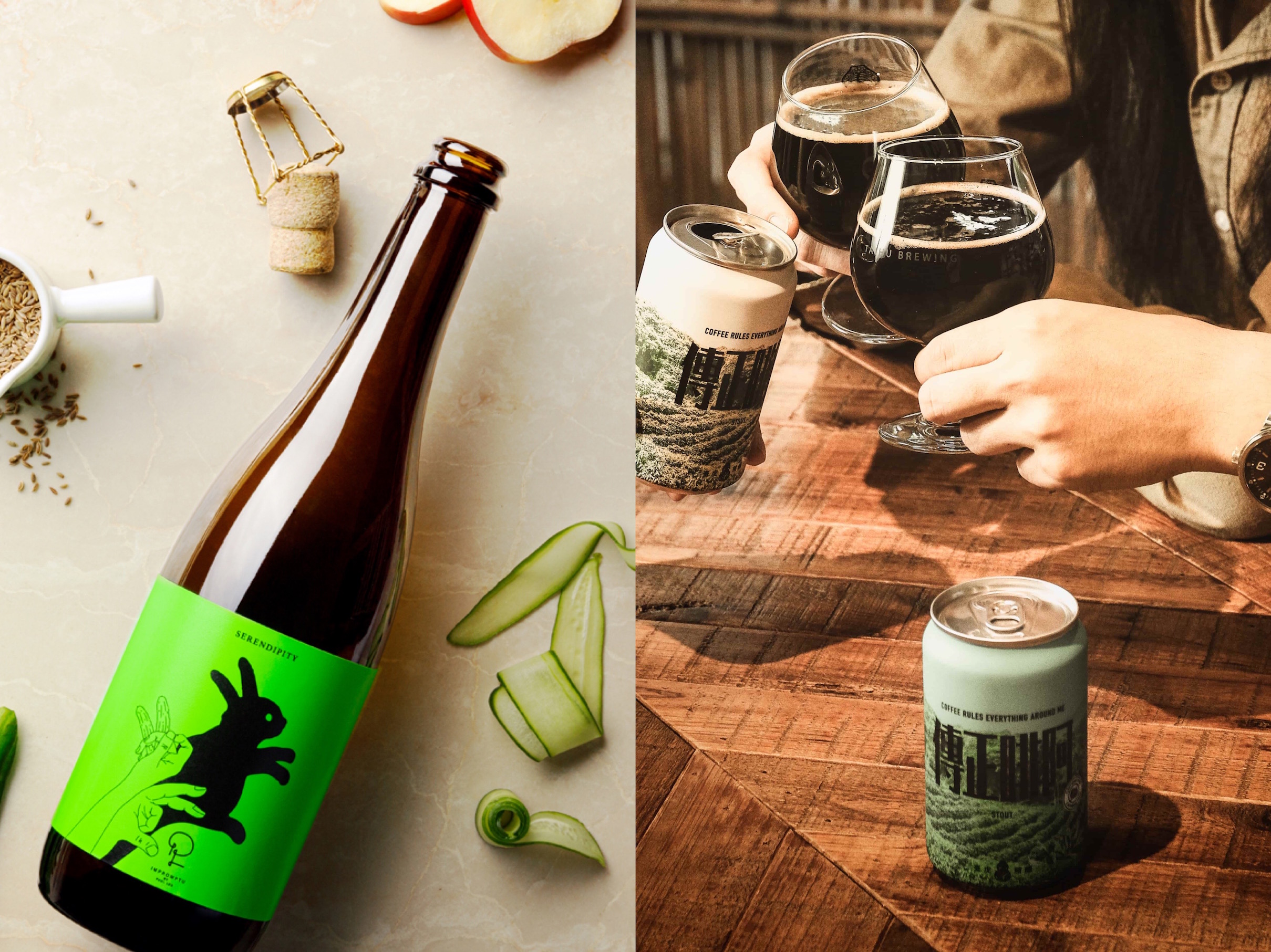 精釀啤酒品牌「臺虎精釀」推出與星級餐廳聯名「IMPROMPTU X TAIHU 不期而遇」氣泡酒（左）及致敬經典電影的新品啤酒「阿啡正傳」（右）。（臺虎精釀提供）