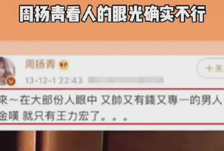 周揚青曾大讚王力宏「又帥又有錢又專一」，網友虧她看人的眼光「確實不太行」。（翻攝微博）