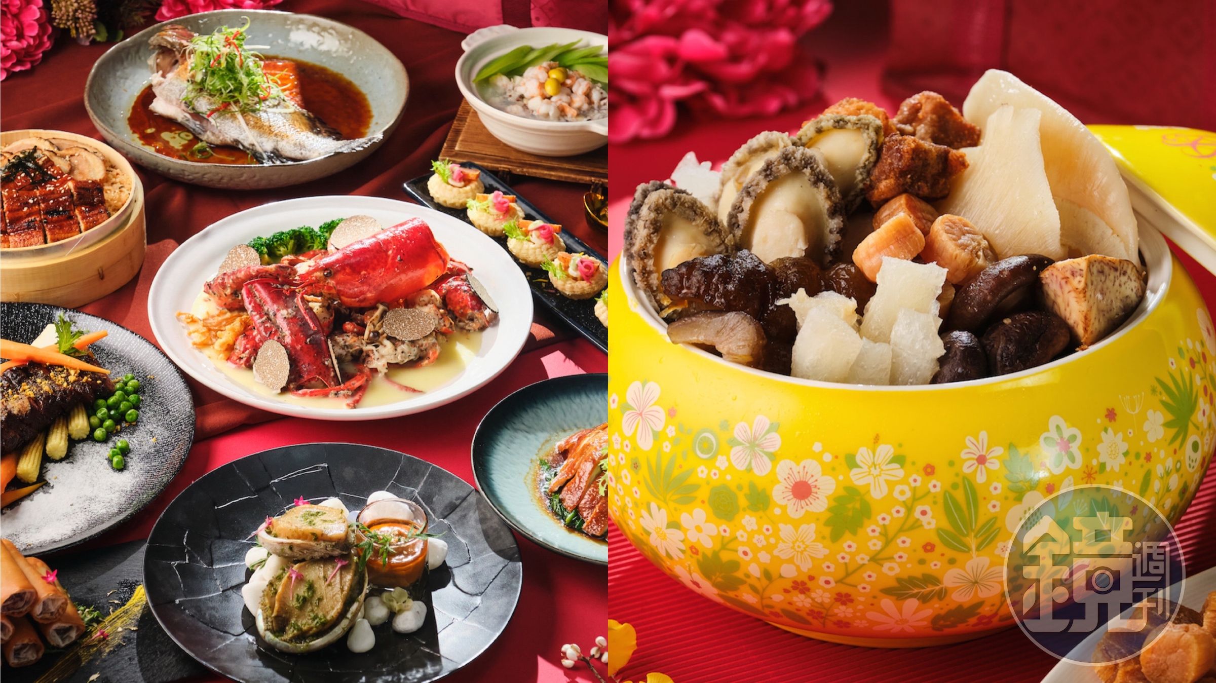 時尚中餐廳「玖尹」推出高檔豐盛的外帶年菜套餐，10道料理，融合粵式、新加坡、台菜和日式料理手法。（玖尹提供）