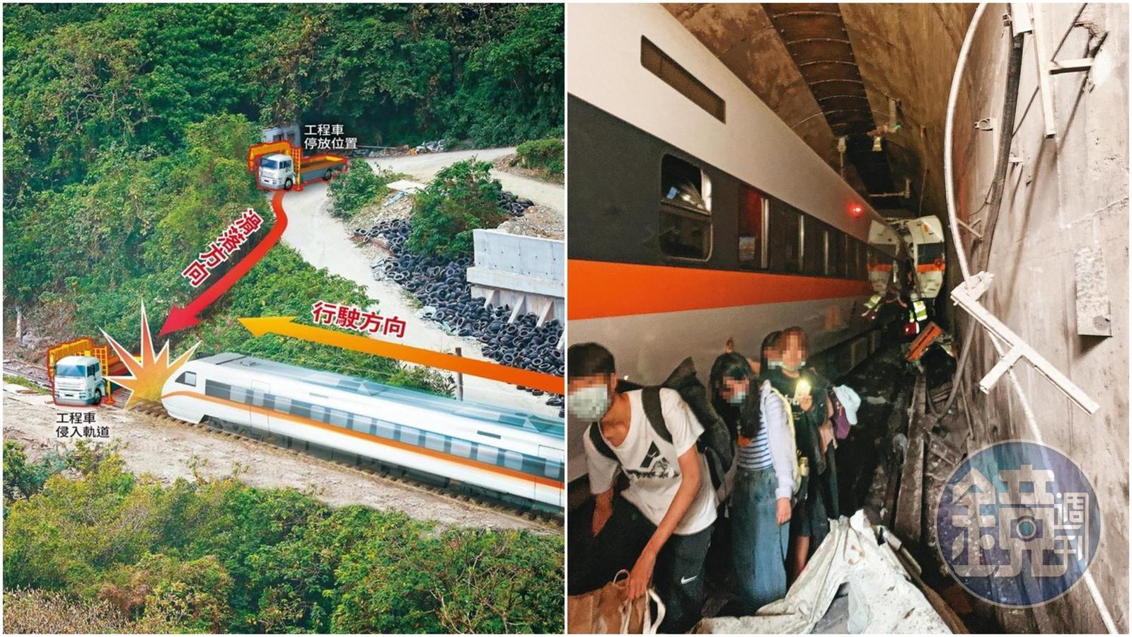 肇事工程車從隧道上方的便道溜逸至軌道上,太魯閣號司機員發現後已煞車不及迎頭撞上;倖存的乘客沿著狹窄的隧道往外逃生。(本刊資料照、讀者提供)