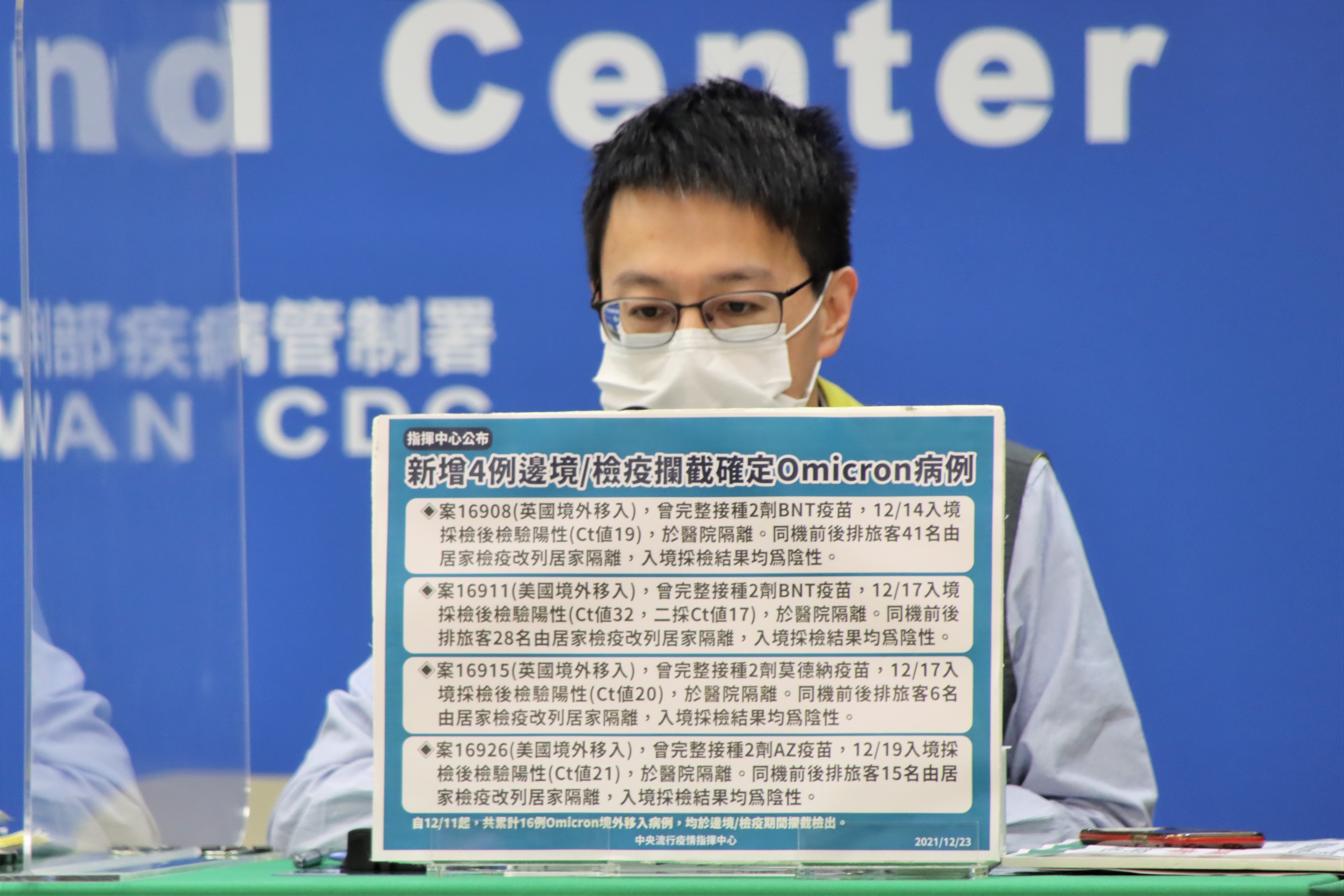 指揮中心今（23）日公布攔截到4例Omicron病例，都是之前公布的境外移入病例。（指揮中心提供）