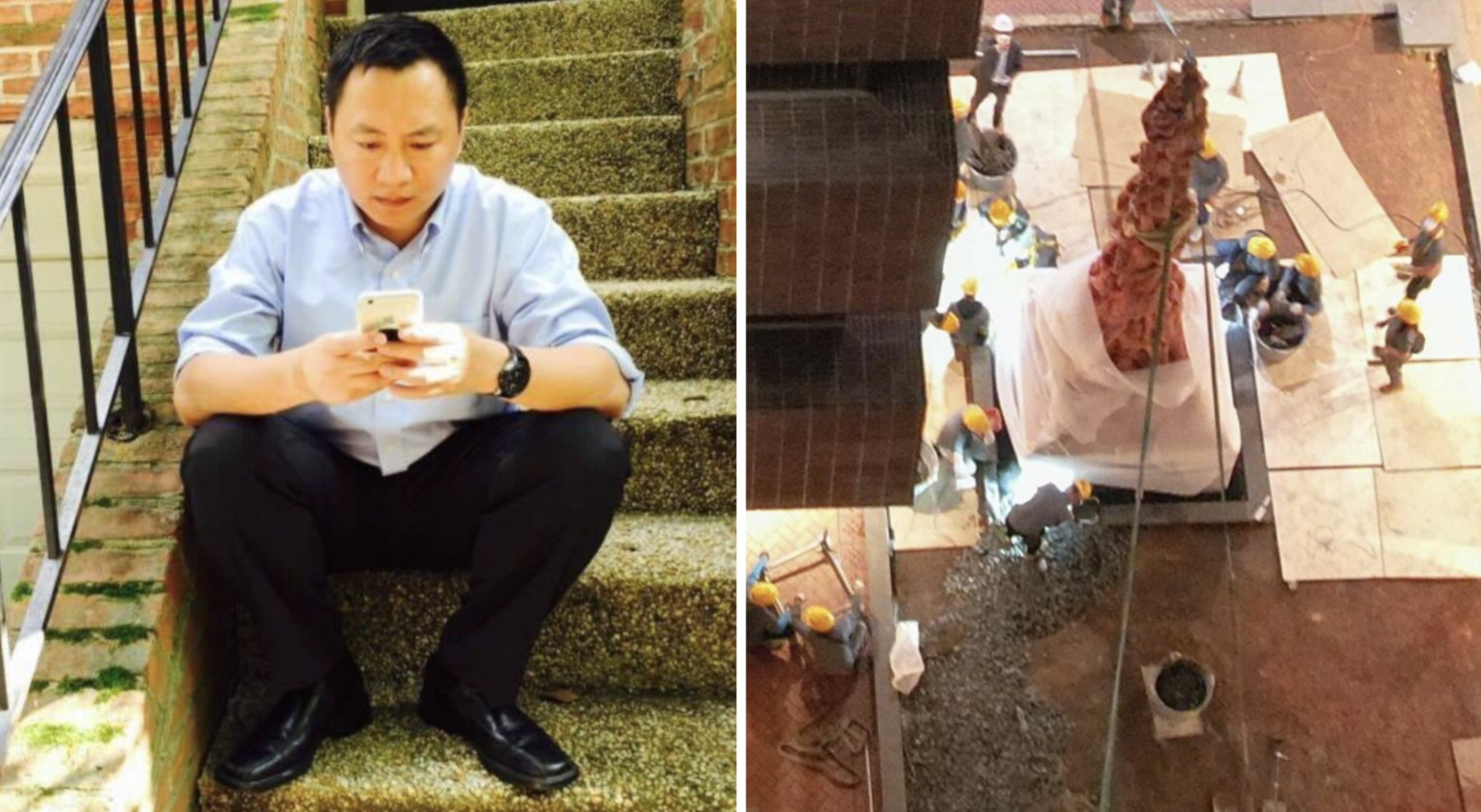 矗立於香港大學23年的雕塑「國殤之柱」（右圖）無預警遭移除，六四天安門事件學生領袖之一王丹表示極為憤慨。（左圖翻攝王丹臉書、右圖翻攝高志活推特）