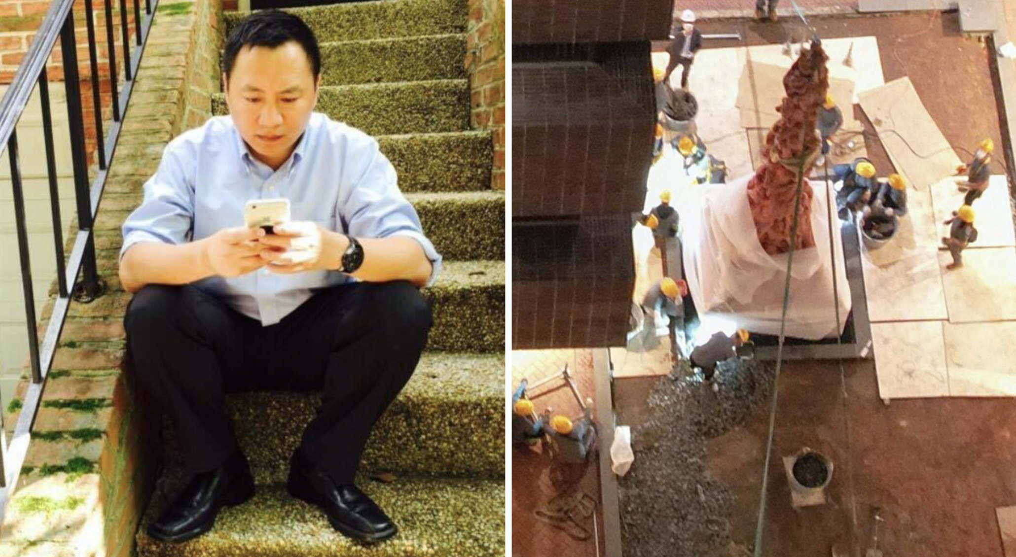 矗立於香港大學23年的雕塑「國殤之柱」（右圖）無預警遭移除，六四天安門事件學生領袖之一王丹表示極為憤慨。（左圖翻攝王丹臉書、右圖翻攝高志活推特）