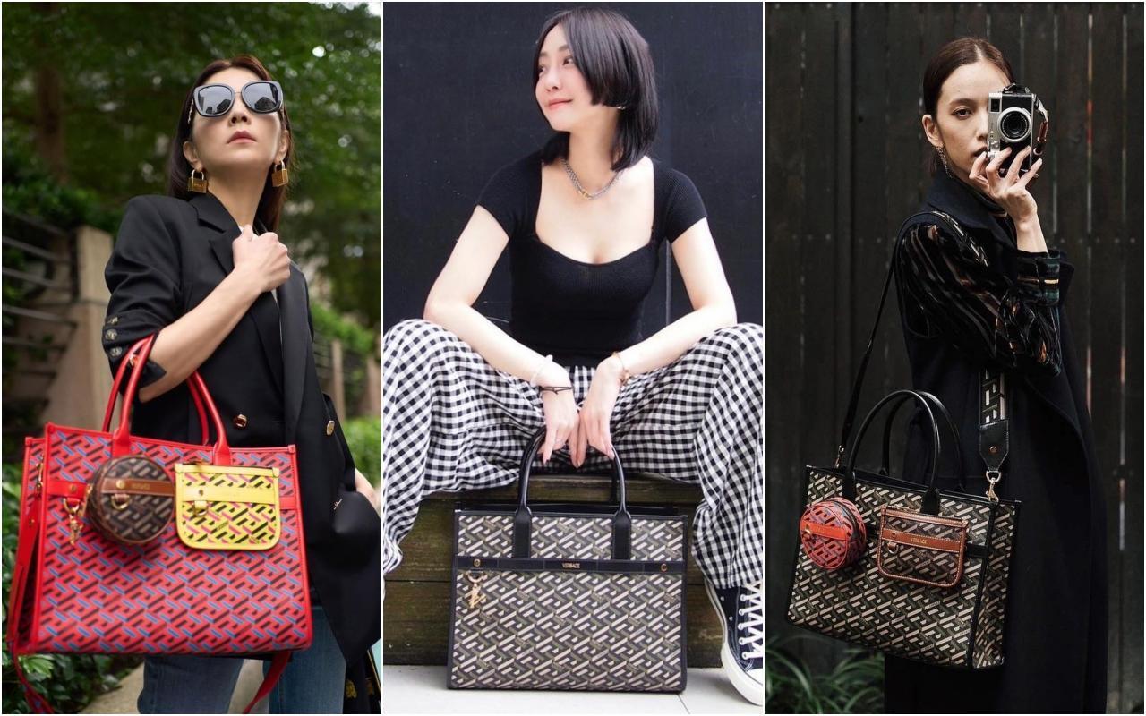 (左起)Ella、謝欣穎、陳庭妮分別以不同的服裝風格,演繹VERSACE La Greca Signature托特包的百搭百變。(合成照片)