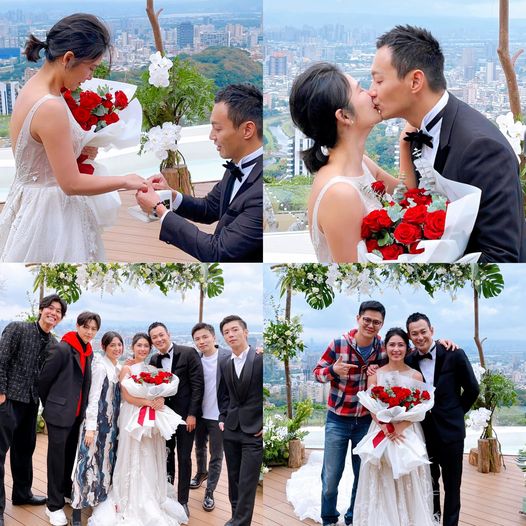 威廉求婚卓君澤成功，前棒棒堂男孩團員小傑、阿緯、王子都到場聲援。（翻攝自臉書）