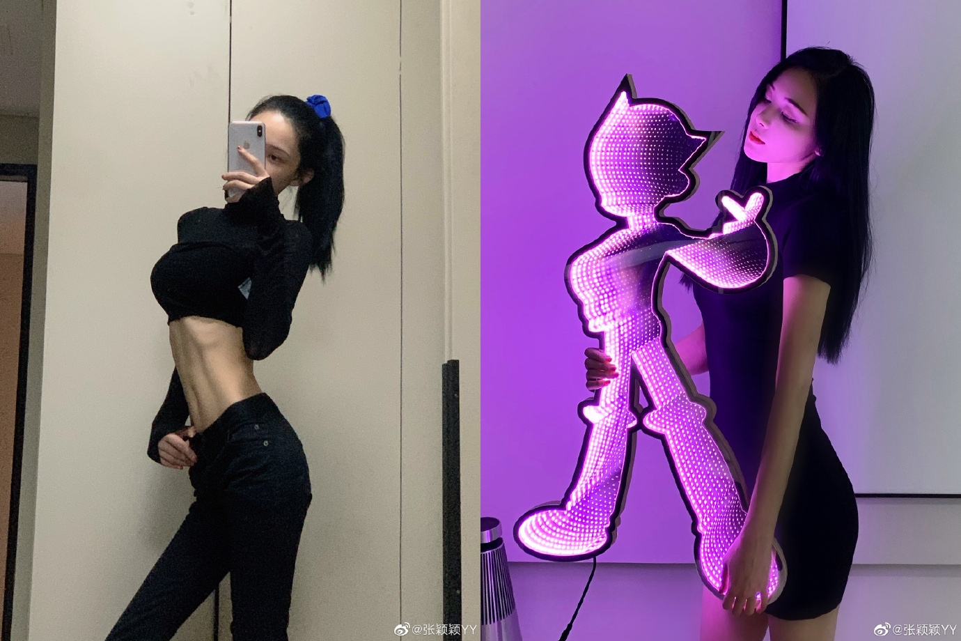 汪小菲的新歡熱愛挺胸跟折腰，頗具蛇精風味。（翻攝張穎穎微博）