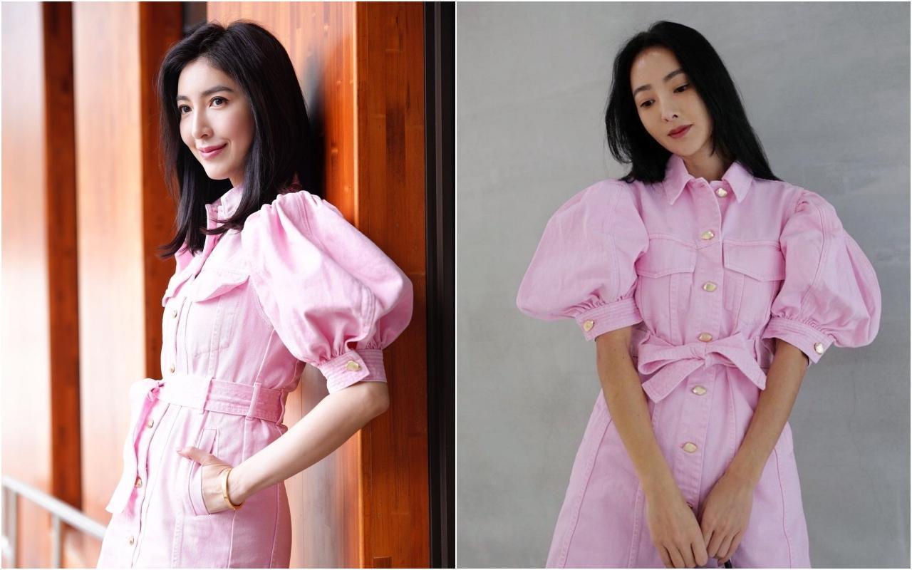 （左起）楊謹華、吳速玲各自以不同的氣質詮釋同一件Aje粉紅色氣球袖排釦牛仔短洋裝，NT$12,800。（合成照片）