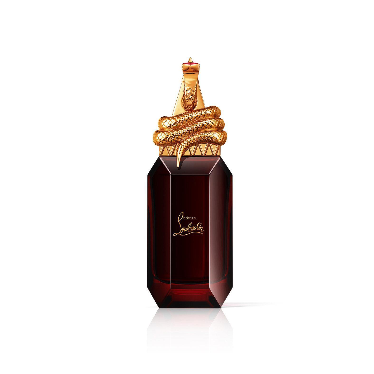 LOUBIPRINCE東方琥珀香調,以古埃及法老王搭配Rouge Louboutin高跟鞋作為蛇頭的瓶蓋設計。NT$11,250/90ml。(Christian Louboutin提供)