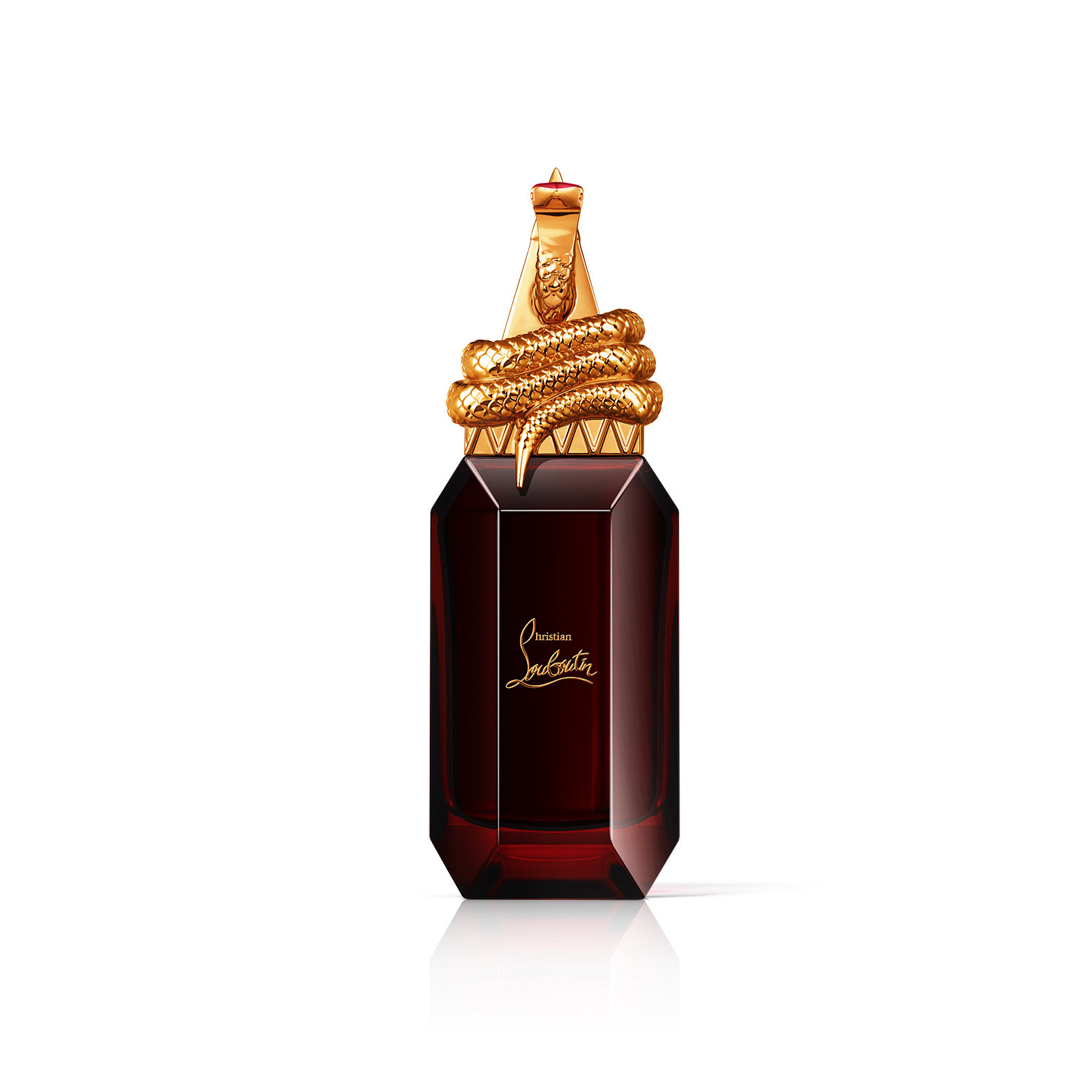 LOUBIPRINCE東方琥珀香調,以古埃及法老王搭配Rouge Louboutin高跟鞋作為蛇頭的瓶蓋設計。NT$11,250/90ml。(Christian Louboutin提供)