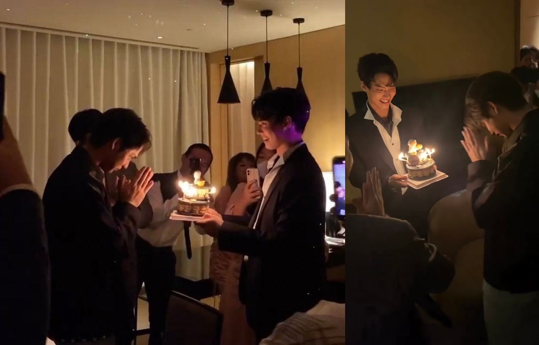 Win拿出生日蛋糕幫Bright慶生。（翻攝Win twitter）
