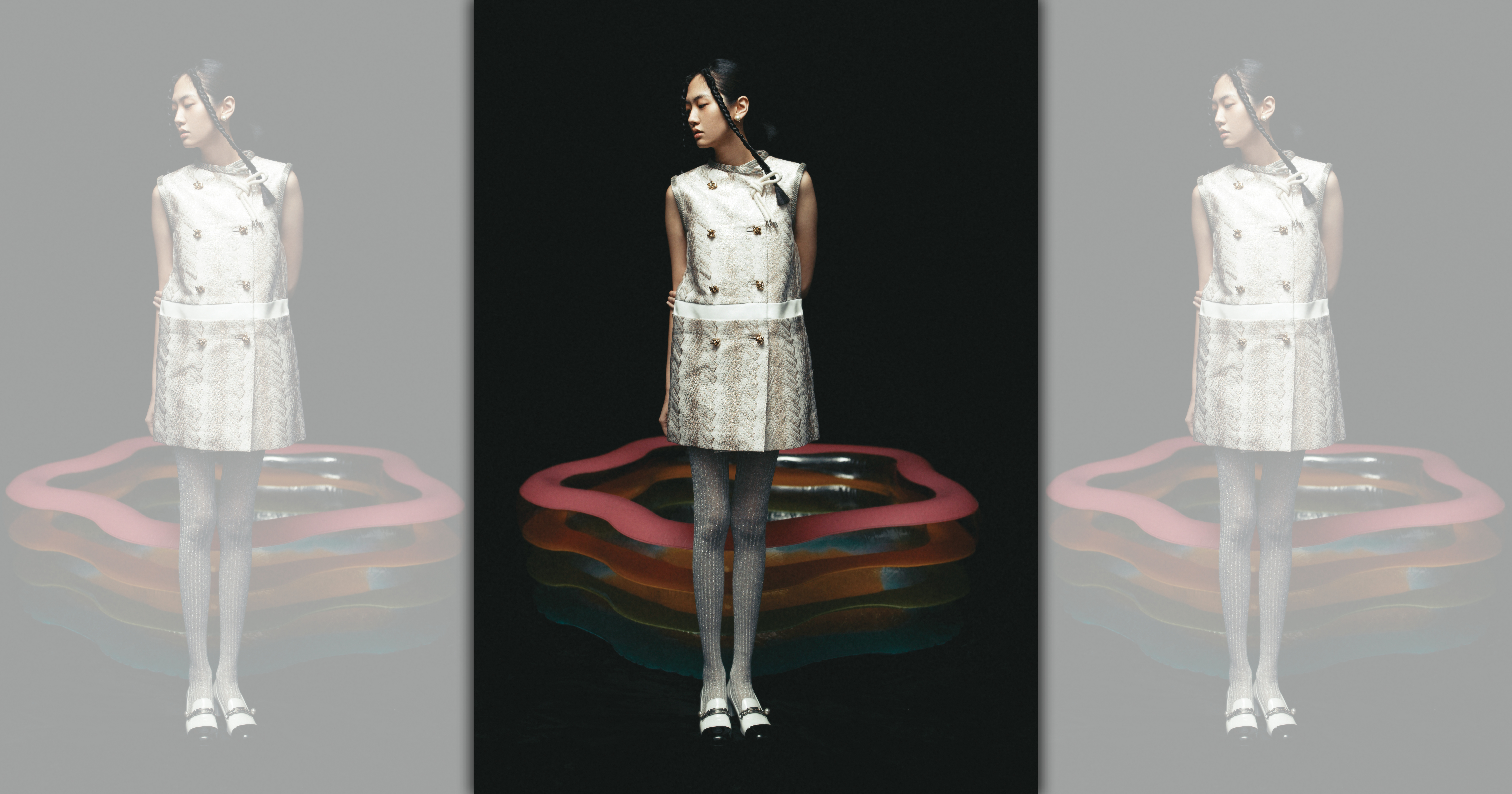 雙排釦人字紋連身裙 NT$179,000 by LOUIS VUITTON／銀絲點綴襪褲 NT$18,000 by MIU MIU／珍珠裝飾樂福鞋 NT$33,000 by MIU MIU／Tribales CD 金屬水晶耳環 NT$19,000 by Dior