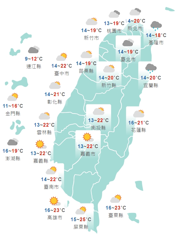 中央氣象局曝光全台各地白天天氣狀況。（中央氣象局提供）