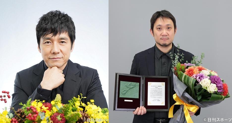 西島秀俊（左圖）主演的《在車上》榮獲日刊體育電影大賞最佳影片和最佳男主角獎，右為導演濱口竜介。（翻攝自日刊體育報）